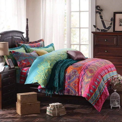 Vista 6 de LELVA Juego de ropa de cama bohemia de algodón con fundas de almohada, tamaño individual, 5 piezas