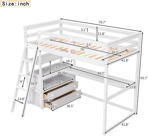 Vista 2 de Merax Cama tipo loft de madera de tamaño individual con escritorio en forma de L, 2 cajones integrados/2 estantes, cama tipo loft multifuncional