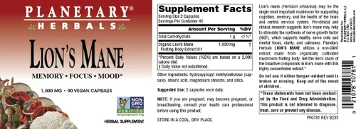 Vista 5 de Planetary Herbals Melena de León, para la memoria, la concentración y el estado de ánimo*, 1,000 mg - 90 cápsulas veganas