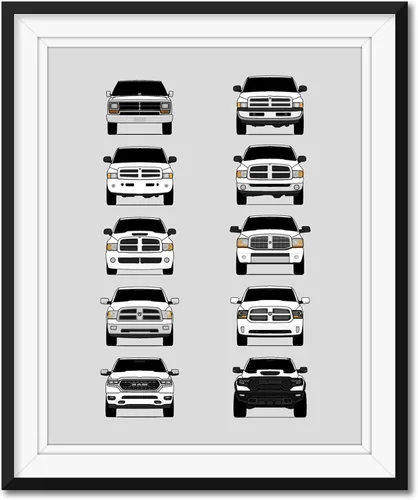 Vista 10 de Custom Car Posters Póster hecho a mano compatible con Dodge Ram Pickup Truck Generations e impresión de Ram 1500 2500 3500 – Multi, impresión