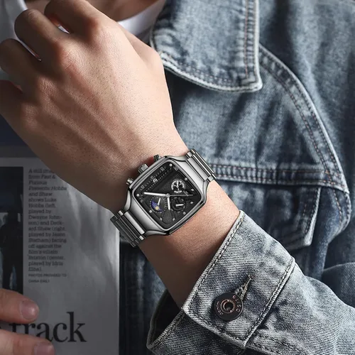 Vista 6 de NIBOSI Reloj de cuarzo para hombre, cronógrafo, cuadrado, dorado, resistente al agua, para negocios, militar, deportivo, acero inoxidable, fecha