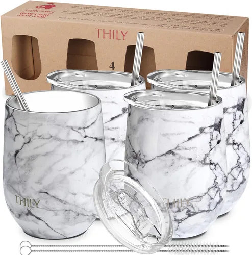 Vista 7 de THILY Paquete de 4 vasos de vino de acero inoxidable con aislamiento al vacío con tapas deslizantes y pajitas, 12 onzas, mantiene el frío para jugo