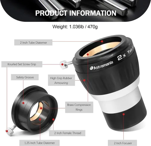 Vista 2 de Astromania Barlow Lens 2x, 2 pulgadas, 4 elementos totalmente multicapa de metal de alta potencia, accesorio de telescopio con anillo interno