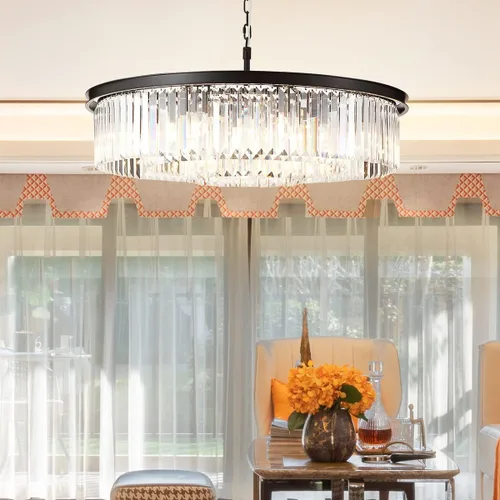 Vista 7 de Candelabros de cristal de cobre, lámparas de techo modernas y contemporáneas, mini candelabro de 3 niveles, 8 luces colgantes, iluminación colgante