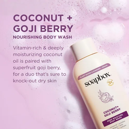 Vista 2 de Soapbox Gel de baño, coco + bayas de Goji para mujeres, hombres, vegano + jabón hidratante rico en antioxidantes con manteca de karité, péptidos