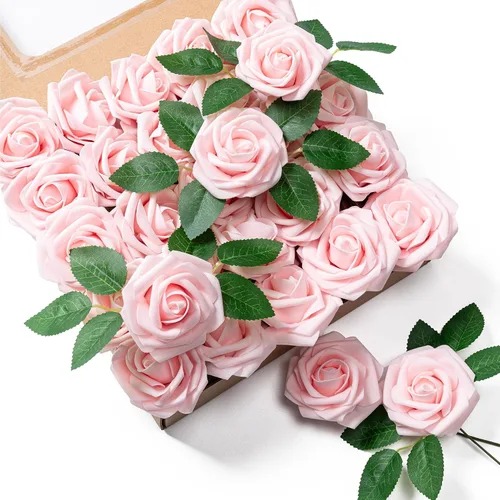 Vista 16 de Aegero Flores artificiales, 25 rosas falsas de espuma con tallos para ramos de boda, centros de mesa de despedida de soltera, arreglos, mesas