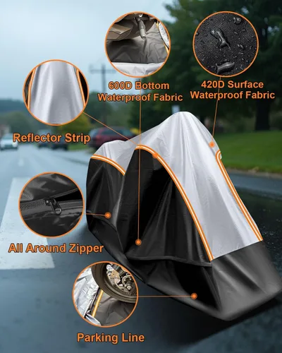 Vista 8 de Funda para motocicleta totalmente cerrada, impermeable, para almacenamiento en interiores y exteriores, resistente con tiras reflectantes, se adapta