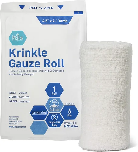 Vista 2 de MED PRIDE Rollos de gasa Krinkle estéril, 6 capas de algodón, 4.5 pulgadas x 4.1 yardas, paquete de 6