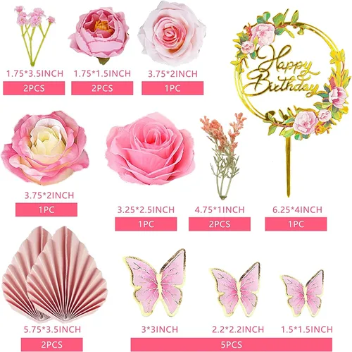 Vista 2 de 17 PCS Adornos para Tartas de Flores Estilo Boho Decoraciones de Pastel de Mariposa con Rosas Artificiales Claras Eucalipto para Suministros de Boda