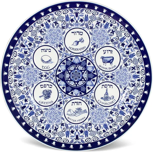 Vista 4 de Plato de porcelana para Pascua Seder de 13 pulgadas, bandeja redonda renacentista con patrón floral adornado, bandeja de pessah extra grande
