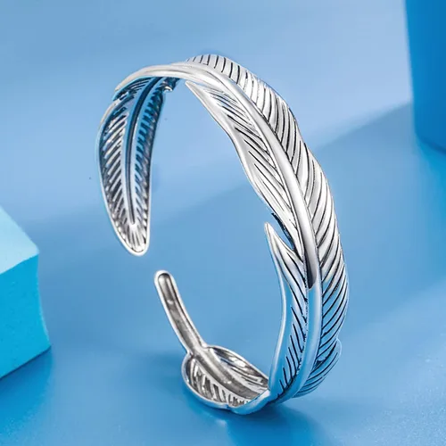 Vista 7 de RIOSO Juego de 3 pulseras de plata para hombres y mujeres, con diseño de alas de ángel, plumas, hojas de ángel, juego de pulseras, Sin gemas.
