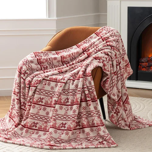 Vista 7 de Berkshire Peanuts® VelvetLoft® - Manta de felpa de Snoopy con bonito personaje, acogedora manta Fairisle Crimson Neutral, manta de 55 x 70 pulgadas