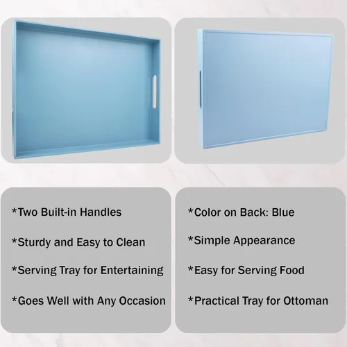 Vista 3 de Bandeja azul para mesa de café, bandeja decorativa rectangular de plástico con asas para entretenimiento, patio al aire libre, sala de estar