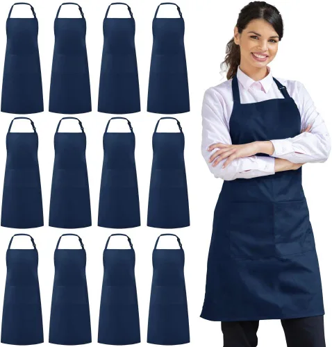 Vista 11 de Syntus Paquete de 12 delantales con peto, delantales unisex, ajustables, 100% algodón con 2 bolsillos, delantales de cocina para mujeres y hombres