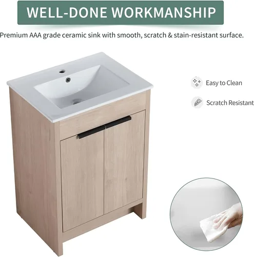 Vista 5 de Juego de tocador de baño independiente con lavabo, armario de almacenamiento moderno de 24 pulgadas con fregadero de cerámica blanca, gabinete