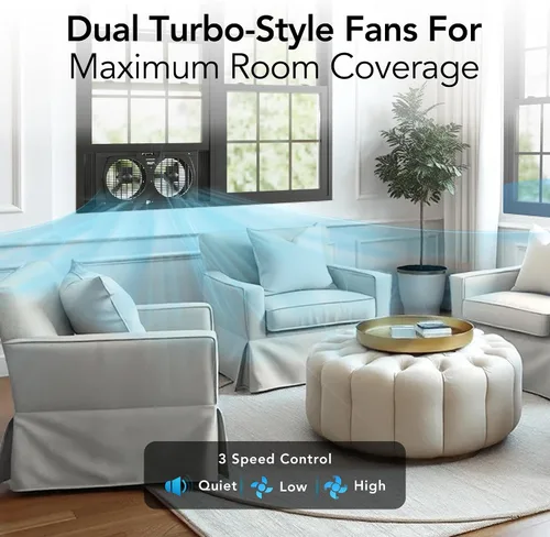Vista 2 de Comfort Zone Ventilador de ventana para dormitorio, ventiladores duales de 9 pulgadas y 3 velocidades con expansores de bloqueo automático
