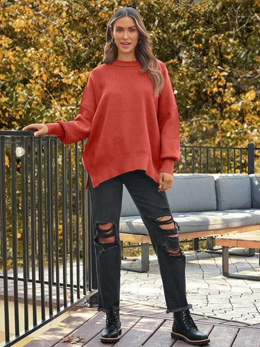Vista 231 de Lillusory - Suéter extragrande con mangas de murciélago y cuello redondo para mujer, prenda moderna de otoño de tejido de punto sin botones