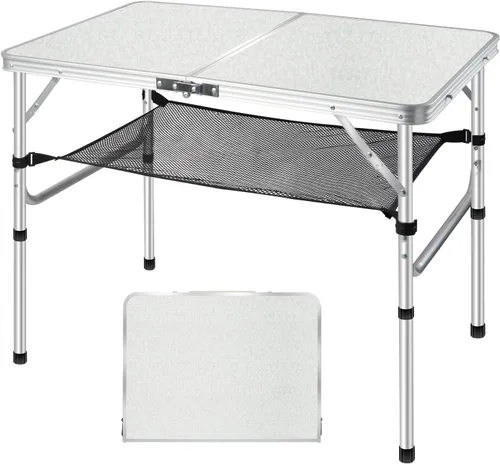 Vista 10 de Mesa plegable pequeña con red de almacenamiento, mesa de campamento plegable portátil de 24 x 16 pulgadas con 3 alturas ajustables, mesa de metal