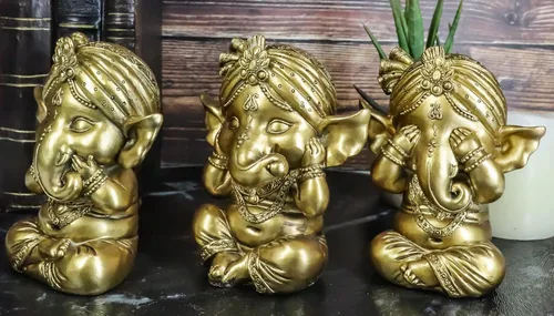 Vista 5 de Ebros - Juego de 3 figuras de elefante hindú dorado, Dios, Señor, Ganesha, con turbante, 4 pulgadas de alto, Deidad de las artes, sabiduría