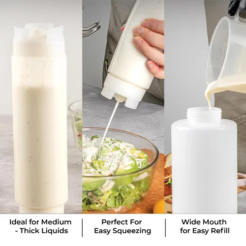 Vista 6 de Restaurantware Botella de presión invertida de plástico de 16oz. FIFO con tapas de recarga y dispensación - Primero en entrar, primero en salir
