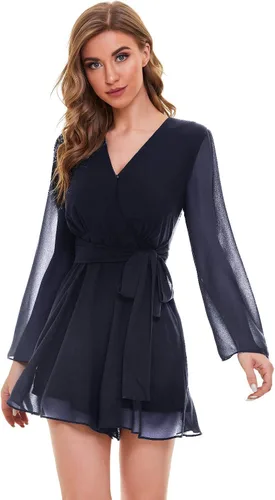 Vista 2 de SUGAR POISON Mono casual de manga larga para mujer, con dobladillo con volantes, cuello en V profundo
