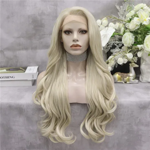 Vista 2 de IMSTYLE Peluca rubia con encaje frontal, pelucas de cabello sintético de onda larga para mujer, línea capilar natural, cabello rubio seguro al Rubio