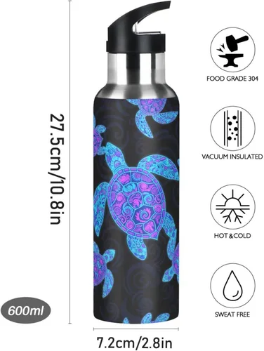 Vista 9 de BPA-Free Sports Water Bottle with Straw 32 Oz, Insulated Water Bottle for Gym Outdoor Travel School, Neon Sea Turtles Black