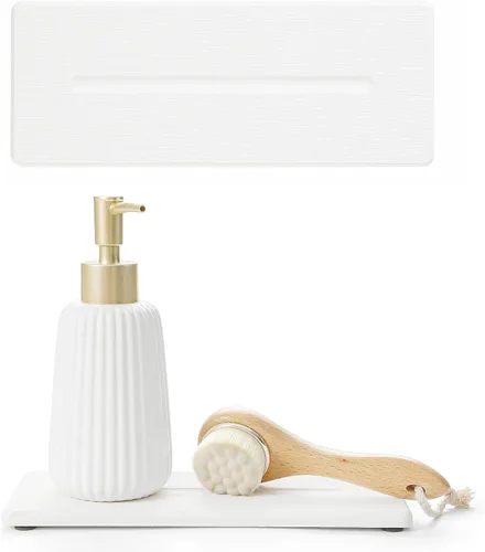 Vista 12 de Paquete de 2 bandejas de fregadero de piedra de diatomita, tapete de grifo absorbente de agua para encimera de cocina y baño, jabonera decorativa