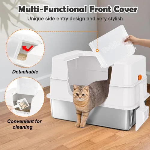Vista 4 de Vivifying XL Enclosed Stainless Steel Cat Litter Box with Lid, White