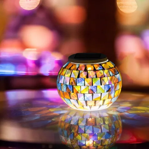 Vista 3 de WSgift - Bola de luz de colores a energía solar con mosaico de vidrio LED para jardín, lámparas de mesa recargables impermeables para exterior