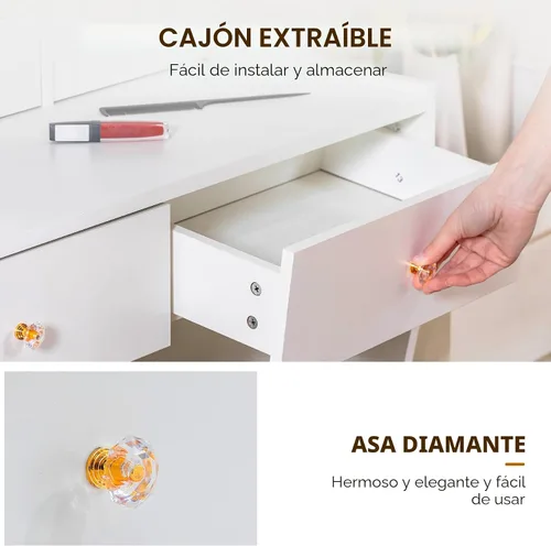 Vista 8 de COMHOMA Escritorio de tocador de maquillaje con espejo y luces, juego de mesa de tocador y silla con 5 cajones y estación de carga, cómoda