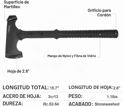 Vista 2 de Hitdudu Hacha y hacha de campamento, Tomahawk táctico de 15.7 pulgadas con cara de martillo, mango de fibra de nailon para supervivencia al aire