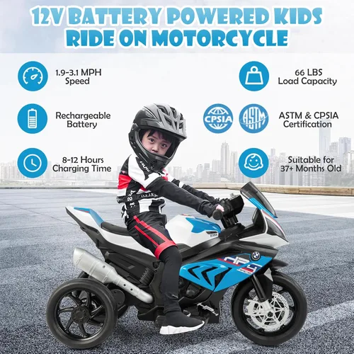 Vista 3 de Costzon - Motocicleta para niños, BMW con licencia, motocicleta eléctrica a batería de 12 V con faro, claxon, música, MP3, puerto USB, motocicleta