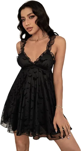 Vista 3 de SweatyRocks Vestido de noche de malla transparente con cuello en V profundo para mujer, lencería con estampado de corazón