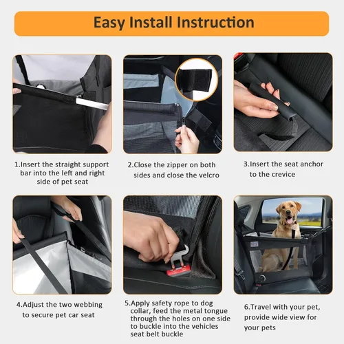 Vista 5 de Asiento de automóvil para perros para viajes de mascotas con almohadilla impermeable, hamaca para perro de medio asiento, gancho para arnés, malla