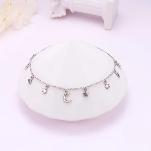 Vista 4 de Tobillera de plata de ley para mujer, delicada cuenta, corazón, infinito, estrella, letra inicial, bohemio, ajustable, tobillera para el pie