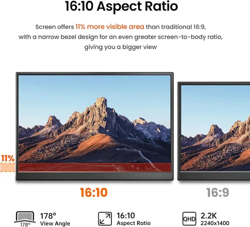 Vista 7 de Yxk Monitor Portátil de 14 Pulgadas 2.2K QHD USB C HDMI Ultra-Delgado IPS Pantalla de Viaje y Altavoces, HDR Plug&Play, Monitor Externo para Laptop