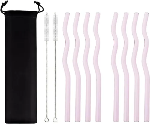 Vista 16 de JASHII Pajitas de vidrio ondulado negro – 8 piezas, 7.87 x 0.31 pulgadas, reutilizables con bolsa negra, multicolor para beber bebidas