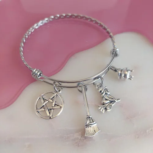 Vista 3 de Wiccan Charm Bracelet with Pentagram Broom Witch and Cauldron Halloween Jewelry Braided Expandable Bangle