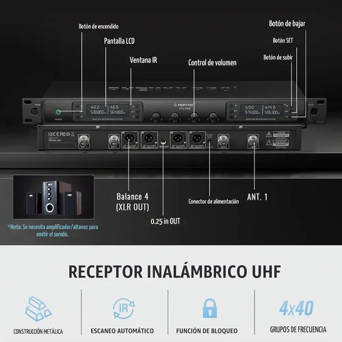 Vista 2 de Sistema de micrófono inalámbrico Phenyx Pro, micrófono inalámbrico de cuatro canales, con 4 x 40 frecuencias UHF, escaneo automático, rango largo