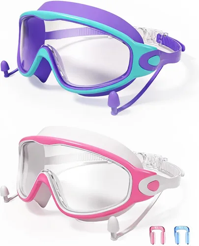 Vista 13 de Gafas de natación para niños de 3 a 15 años con tapones para los oídos, marco grande, gafas de natación antivaho/UV para niños, niñas y bebés, 2