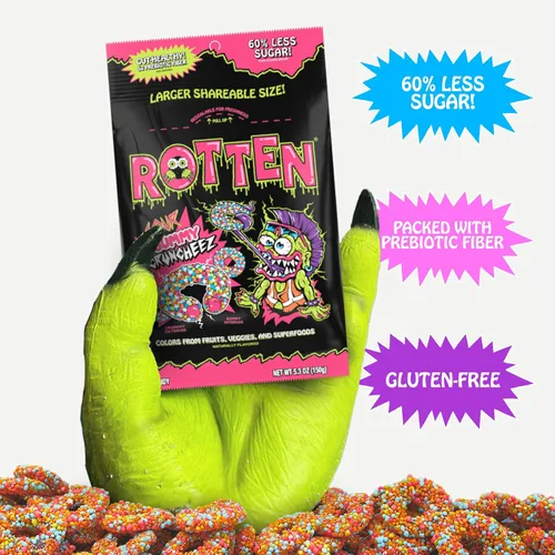 Vista 8 de Rotten Sour Gummy Cruncheez - Bajo en azúcar, bajas calorías, 5g de fibra prebiótica amigable para el intestino, caramelo sin gluten, sin colorantes
