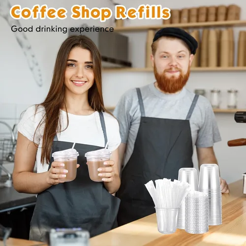 Vista 6 de Ziliny Paquete de 25 vasos de plástico transparente de 12 onzas con tapas para sorbos y pajitas, tazas desechables para café helado de cristal