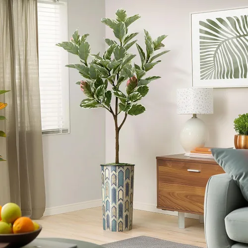 Vista 14 de Árbol artificial en macetero moderno con patrón poligonal, palmera tropical areca artificial de seda para decoración del hogar en interiores