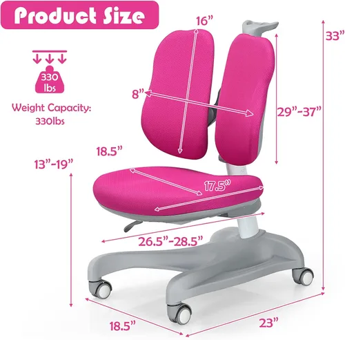Vista 3 de Costzon Silla para niños, silla de estudiante de altura ajustable con ruedas de freno para sentarse, soporte lumbar, profundidad del asiento