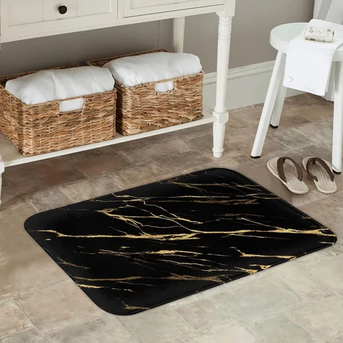 Vista 3 de Alfombras de baño negras y doradas para decoración de baño, alfombra de baño de mármol absorbente, alfombra antideslizante para piso, alfombras
