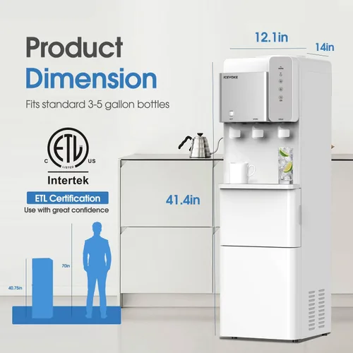 Vista 7 de Enfriador de agua 3 en 1 con máquina de hielo integrada, dispensador de hielo y agua de carga superior para botella de 3 o 5 galones, agua caliente