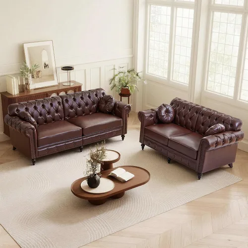 Vista 17 de ORRD Sofá de 2 piezas para sala de estar, silla moderna de piel sintética con respaldo alto, sofá biplaza con botón acolchonado, ribete de cabeza