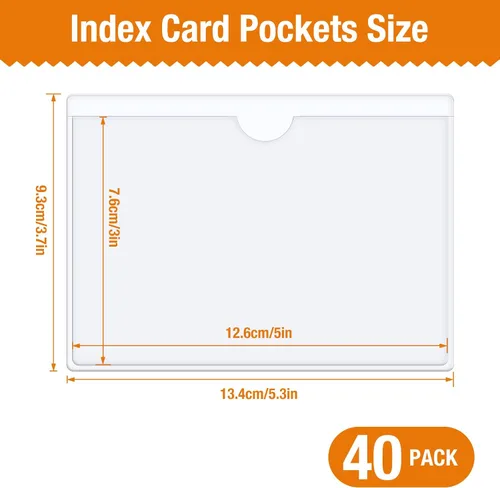 Vista 2 de 40 PCS Index Card Pockets, Self Adhesive Card Pockets 3"X5" with Top Open, Clear Label Pockets for Storage Bins, Plastic Labels Holders for