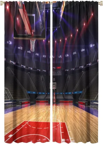 Vista 34 de Cortinas deportivas de baloncesto para niños, patrón de llama de bola 3D naranja, 42 pulgadas de ancho x 45 pulgadas de largo